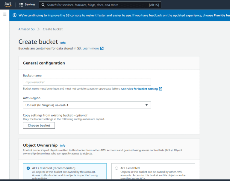 Bucket configuration aws s3 bucket
