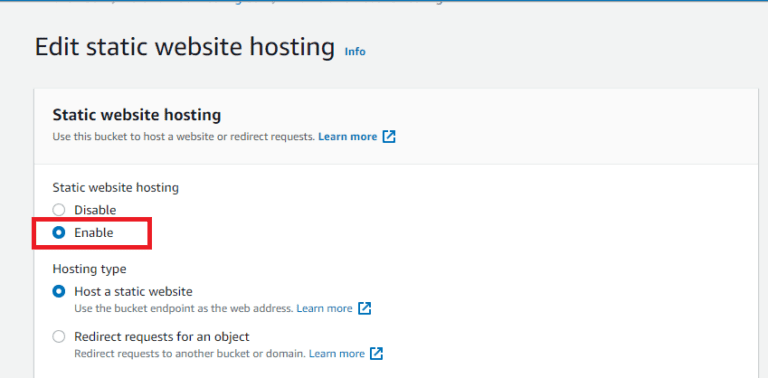 Enable static hosting aws s3 bucket